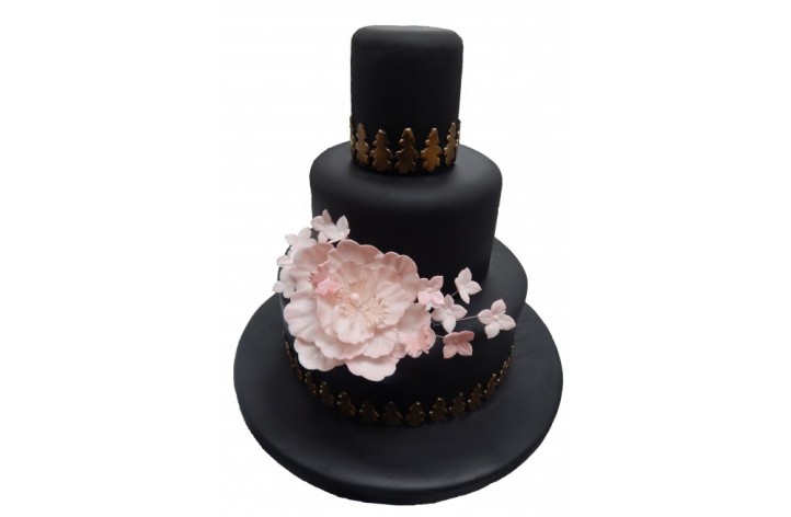 Tiered Black & Gold with Flower Cake